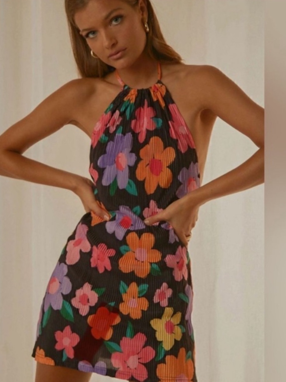 Peppermayo Black Floral Halter Dress with Pink, Orange, Purple, & Yellow Flowers